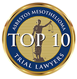 round blue and gold badge with white text 'Top 10 Asbestos Mesothelioma Trial Lawyers'