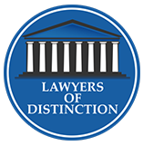 round blue badge with white text Lawyers of Distinction