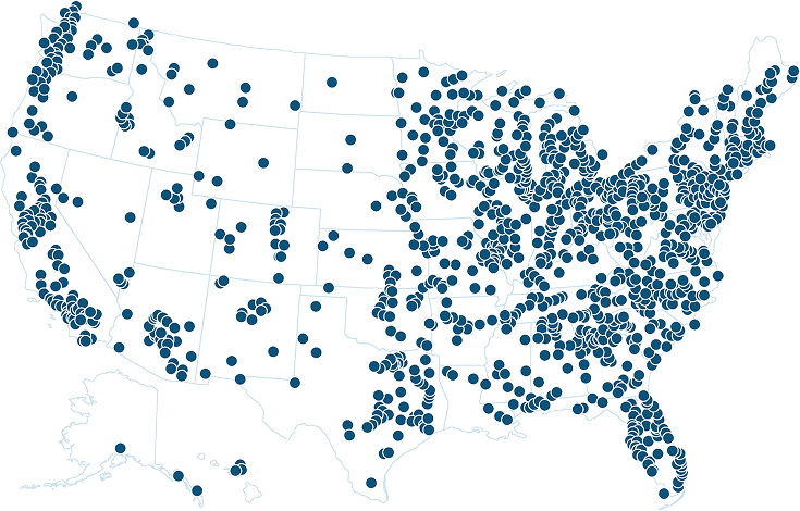 map of the United States with dots covering the nation indicating cases won for victims